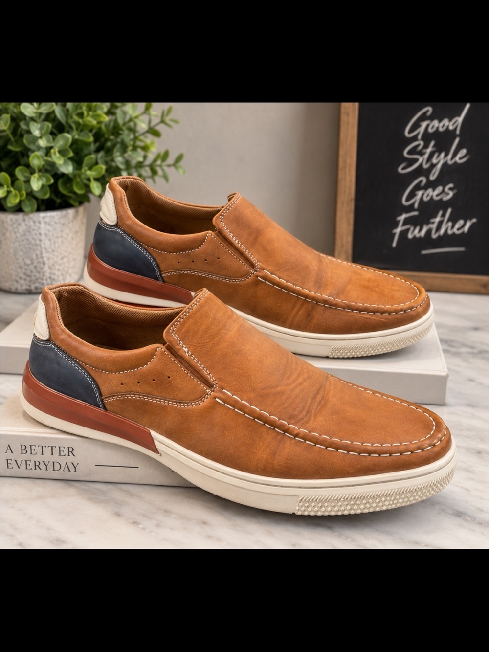 Men's Tan Leather Slip-On Casual Loafers with Contrast Heel